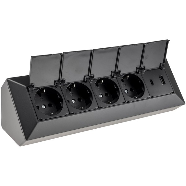 ChiliTec Socket Block 4-Way Multiple Socket with Hinged Lid USB-A