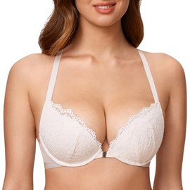 DOBREVA Women's Push Up Bra Support Racer Back Front Fastening Lace Padded Plunge Underwired Bra Coconut White 36A