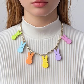 Locrccl Easter Necklace for Women,Colourful Peep Necklaces Cute Bunny Rabbit Pendant Paperclip Necklace Spring Holiday Outfit Easter Jewelry (Wooden)