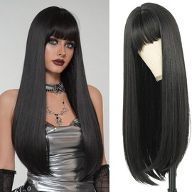 7JHH WIGS Long Straight Natural Black Wig with Bangs 28in Black Wig with Black Roots Natural Heat Resistant Fiber Synthetic Wigs for Women Girls Holiday Festival Chrismas Daily Party Used