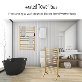 XMGJ Electric Towel Warmers Radiator with Timer Gold, 140W Wall-Mounted & Freestanding Heated Towel Drying Rack with 11 Bars, 304 Stainless Steel Heated Towel Rail for Bathroom, Plug-in