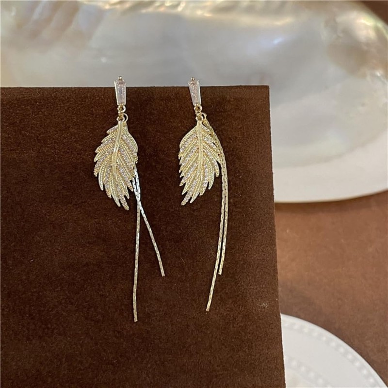Stud Earrings Long Feather Leaves Earrings Boho Crystal Leafs Dangle