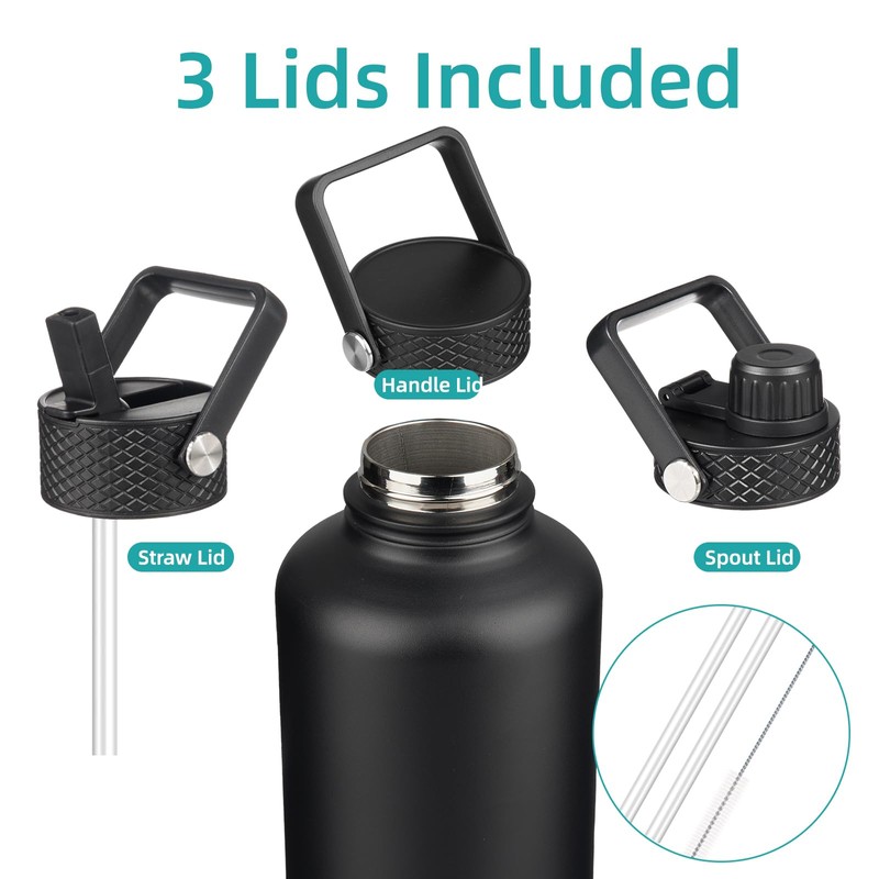 Konokyo Insulated Water Bottle with Straw,50 oz 3 Lids Water
