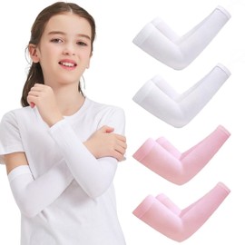 IOFLIGGA 4 Pairs Arm Sleeves for Kids,UV Sun Protection Cooling Arm Sleeves for Boys Girls Toddler,Sports,Running (2White+2Pink)