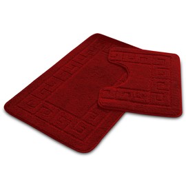 VELVETIO Bath Mat Set 2 Piece Machine Washable for Bathroom, Jacquard Greek Non Slip Quick Dry Shower Rugs & Bathtub Mats, Highly Water Absorbent 100% Polypropylene Toilet Rug Sets, Red