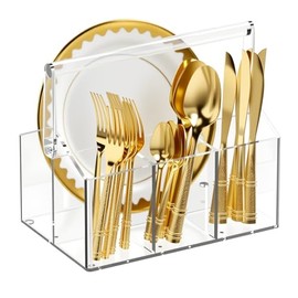 Acrylic Cutlery Basket with 4 Compartments - Transparent Cutlery Holder Plastic for Kitchen Buffet Party - Organiser Cutlery Basket with Handle for Plates Cutlery Napkins