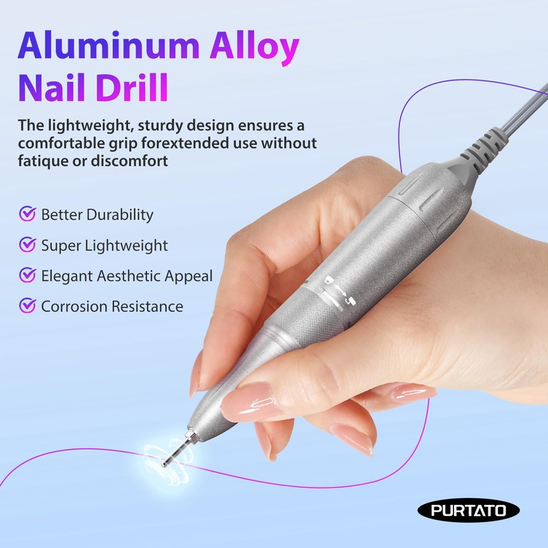 PURTATO Professional Nail Drill 40,000 RPM, Rechargeable,LCD Display E File