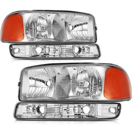 LSAILON Headlight Assembly Replacement Fit 1999-2006 For GMC Sierra 1500 2007 For Sierra 1500 Classic 1999-2004 For Sierra 2500 2001-2006 For Sierra 3500 Chrome Housing Amber Reflector Clear lens