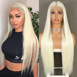 Sapphirewigs Straight Wig for Women, 13 x 3 Lace Front Wigs, White Blonde, Free Part, Synthetic Wig, 150% Density, Heat-Resistant, 66 cm/66 cm