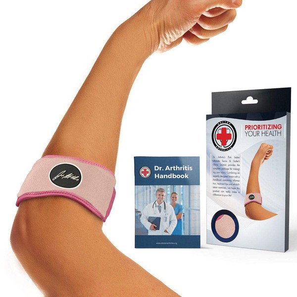 The Ultimate Tennis Elbow & Golfer's Elbow Solution - Tennis Elbow Support Strap for Women & Men, Golfers Elbow Support Brace and Doctor Written Handbook (Pink, Single)