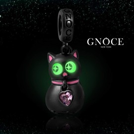 GNOCE Bright Black Cat Charms Pendant Sterling Silver Black Plated Animal Beads Charm Fits All Bracelets / Necklaces Fashion Jewellery for Women Girls, Silver, Cubic Zirconia