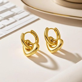 Gold Heart Dangle Earrings for Women Chunky Love Heart Huggie Earrings Titanium Steel Romantic Charm Drop Earrings Fashion Statement Jewelry Gift