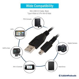 CableWholesale 1 feet Mini USB 2.0 Cable, Black, Type A Male/Mini-B Male, A Male to 5 Pin Mini-B High Speed USB Cable, Type A to Type B USB Cable, USB 2.0 to USB Mini Cable