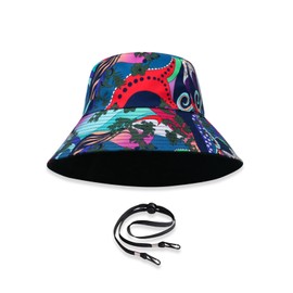 LumiSyne Unisex Reversible Bucket Hat Solid Color with Letter Embroidery/Hawaiian Style Print Double-Sided Cotton Fisherman Hat with Detachable Chin Strap Foldable Sun Hat for Summer Beach Travel