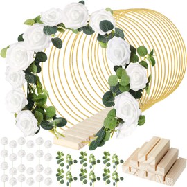 15 Pcs Metal Floral Centerpiece Table Decorations Hoop Centerpiece with Stand Gold Centerpieces for Table 15 Wooden Holders 30 Artificial Flowers 30 Leaves for Wedding DIY Craft Decor(White, 12 Inch)