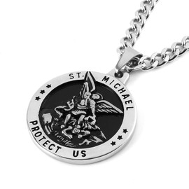 HZMAN Saint Michael Necklace for Men Stainless Steel Retro Archangel Round Medal Pendant Necklace Jewelry Gift