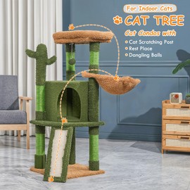 Athena Collection Small Cat Tree Tower with Scratching Post, 42 Inch Modern Cute Cat Tree Condo with Cozy Perch Basket Hanging Ball Climbing Ramp for Kittens Indoor Climbing, Green