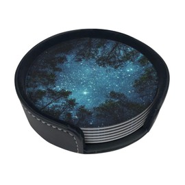 Night Sky Cool Tree Space Star Coasters for Drinks Round Leather Coaster with Holder Set of 6 for Tabletop Protection Desk Accessories Office Home Room Decor