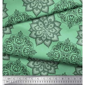 Soimoi Green Poly Crepe Fabric Floral Mandala Fabric Prints by Yard 52 Inch Wide