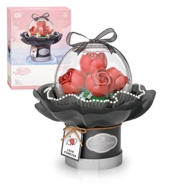 MEIEST Flower Building Blocks Set with Dust-Proof Dome,Simulation Bouquet for Valentine's Day,Bonsai Building Bricks Toys,Home Decor (Red Rose)