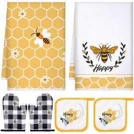 Bencailor 6 Pcs Bee Kitchen Towels Oven Mitts and Pot Holders Set Sunflower Honeybee Dish Towel Heat Resistant Oven Mitts for Summer Kitchen Decor Cooking Baking Grilling(White and Yellow,Happy Bee)