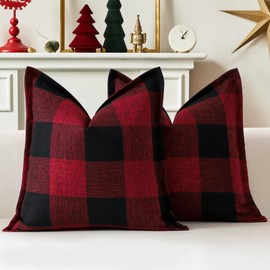 Sungeek Buffalo Check Plaid Cushion Covers 50 x 50 Set of 2 Linen Christmas Tartan Decorative Square Pillow Covers with Stitched Edge for Sofa Couch Bed Living Room 20x20 Inch (Black and Red)