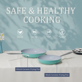Nonstick Ceramic Frying Pan 10" for All Cooktops, PTFE/PFOA/PFAS Free, Even Heat Distribution Oven Safe up to 500°F, Healthy Non Toxic Skillet w/ Ergonomic Stainless Steel Handle, Caribbean Blue