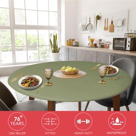 Covers For The Home Deluxe Elastic Edged Flannel Backed Vinyl Fitted Table Cover - Basketweave (Green) Pattern - Small Round Oblong Oval - Fits Tables up to 40" - 44" Diameter
