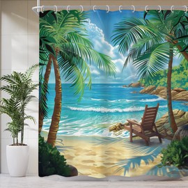 Newsely Ocean Shower Curtain 60Wx72L Inch Beach Tropical Palm Tree Hawaiian Summer Coastal Nautical Scenery Sea Wave Plant Bathroom Set Botanical Waterproof Bath Decoration Accessories Home Decor