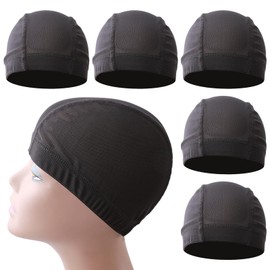 5 pcs Black Dome Cap for Wig Making Stretchable Hairnets with Wide Elastic Band (M) (M Count,5)