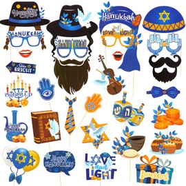 GODAYS 30Pcs Hanukkah Party Photo Booth Props, Funny Chanukah Party Blue and Gold Decoration Supplies, Photobooth Party Props Moustache Glasses Hats for Jewish Holiday Celebration Festival