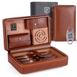 Leather Travel Humidor - Portable Humidor Cigar Box with Cigar Cutter & Liquid Dropper - Cedarwood Interior Finish - Storage Case with 2 Pockets for your Accessories, Humidifier, Zipper Closure