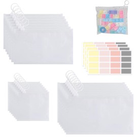 Translucent Pouch Set (60 pcs) - Waterproof Frosted Zipper Pouches with Pull Ring, Drawer Organizer, Packing Bags, Cash Envelopes, File Documents, Pencil Cases (4"x4", 7"x4", 9.8"x5.5", with Labels)