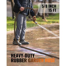 WILAWELS 15FT x 5/8" Garden Hose, Heavy Duty Rubber Garden Water Hose, 300 PSI Working, 1000 PSI Burst, Swivel Handle with Stainless Steel Ring, 5-Layer Braided, All-Weather Outdoor Use, BG15GH06