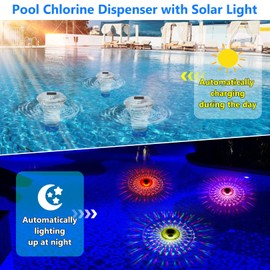 Solar Pool Chlorine Floater,RGB Color Changing Floating Pool Chlorine Dispenser for 4x3” Chlorine Tablets,Easy Opening Anti-Sinking Chlorine Tablet Holder Floater for Pool,Hot Tub,Spa