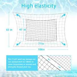 Extra Large Pool Toy Float Storage Net with 20 Windproof Screw Windproof Hooks, 71 x 47in Hangin Heavy Duty Elastic Mesh Pool Float Storage Net for Inflatable Rafts, Noodles, Balls, Chairs