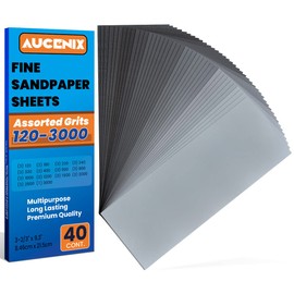 Aucenix 40PCS Sandpaper, 120 to 3000 Mixed Grits Assorted Sanding Paper Pack for Wood, Fine & Coarse Wet & Dry Waterproof Abrasive Paper Sheets for Walls, Metal Plastic, Furniture Finishing, Polishing