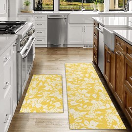 Ideasonna Yellow Floral Kitchen Rug Mat Spring Kitchen Rugs Sets of 2 Washable Kitchen Floor Mats Non-Slip Yellow Kitchen Decor