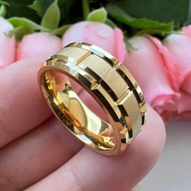 TUTISS 8mm Gold Tungsten Carbide Rings for Men Women Promise Engagement Wedding Band Brick Pattern Brushed Center Comfort Fit Size 7.5