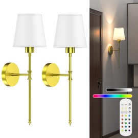 viyawise Stylish Battery Operated Wall Sconce, Set of 2 Wireless Wall Lights for Bedroom and Living Room, Remote-Controlled Wall Lamps with 12 Color Modes for Cozy Ambiance (Golden)