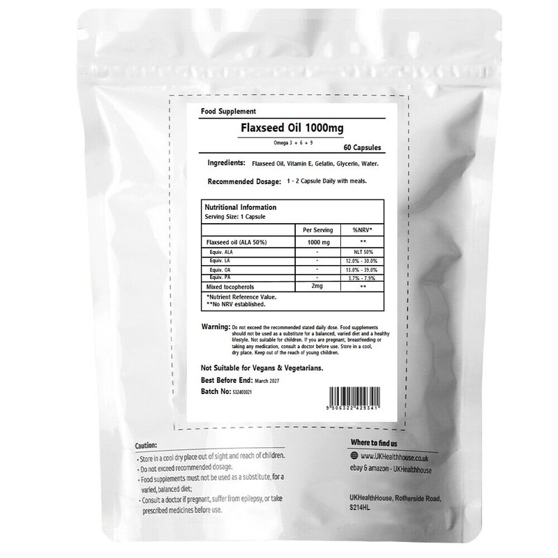 UKHealthHouse Premium - Flaxseed Oil Softgel 1000mg x 60 Capsules