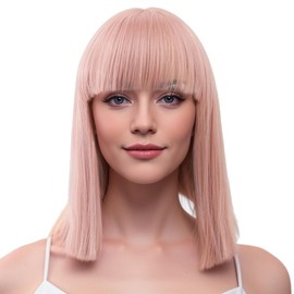 MIPPER 15Inch/40cm Women Colored Bob Wig With Bangs Medium Long Wig Synthetic Wig (Smoke pink)