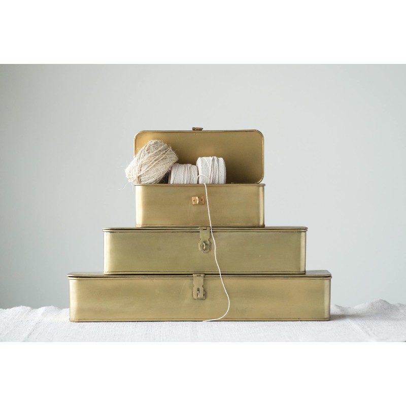 Creative Co-Op Decorative Metal Boxes with Brass Finish (Set of