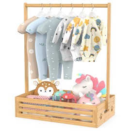 BAMBOOHOMIE Baby Clothing Rack for Toddler, Pets Clothes Rack with Storage Box & Adjustable Hanging Rod for Dogs/Cats, Baby Shower Clothes Closet Rack with Handle for Nursery Room, Natural Bamboo