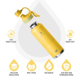 IDEUS Insulated Stainless Steel Water Bottle with 2 Leak-Proof Lids, Thermal Water Flask for Hiking Biking, 40oz, Bright Yellow