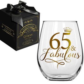 65 & Fabulous Stemless Wine Glass, Happy 65th Birthday Glitter Gold Design Wine Glass Gifts Idea for Grandma BFF Female Friends Girlfriend Women Wife Mom Sister Aunt Friends Coworker Her-108