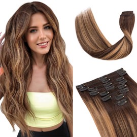S-noilite 14 Inch Balayage Clip in Hair Extensions 100% Human Hair 8Pcs Normal Weft Full Head Dark Brown to Light linen Mix Dark Brown Clip in Hair Extension for Women(60g,#2T2P6)