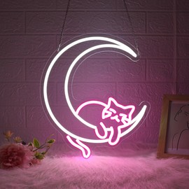 JGHTURIE Moon Cat Neon Sign Led Neon Signs for Wall Decor Light Up Sign Preppy Girls Room Decor USB Powered