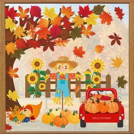 FYSUIMU 6 Sheets Fall Thanksgiving Window Cling Stickers Watercolor Autumn Tree Maple Leaves Scarecrow Pumpkin Truck Window Decals Double-Sided Static Reusable Stickers for Harvest Party Home Decor