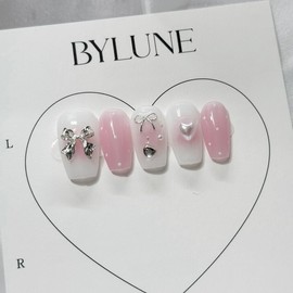 Pink Ribbon Handmade Nail Tips Nail Tips - Almond / 핑크리본 수제네일팁 네일팁 - 아몬드
